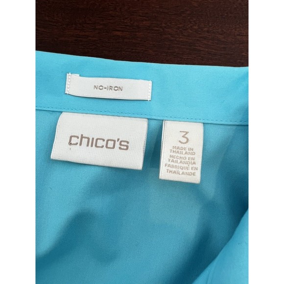Chico's Shirt size 3 Blue 3/4 Sleeve Collared Buttons No Iron Blouse - Picture 2 of 5